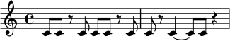 
\relative c' {
  \time 4/4
  c8 c r c c c r c |
  c8 r c4~ c8 c r4 |
}
