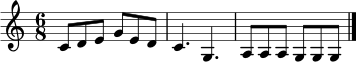 \relative c' { \clef treble \time 6/8 c8 d8 e8 g8 e8 d8 \bar "|" c4. g4. \bar "|" a8 a8 a8 g8 g8 g8 \bar "|." }