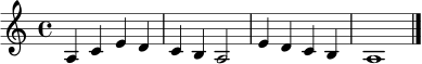 \relative c' { \clef treble \key a \minor \time 4/4 a4 c e d c b a2 e'4 d c b a1 \bar "|." }