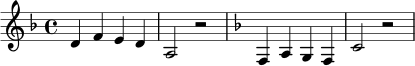 \relative c' {
\time 4/4
\key d \minor
d4 f e d | a2 r2 |
\key f \major
f4 a g f | c'2 r2 |
}