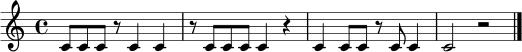 
\relative c' {
  \key c \major
  \time 4/4
  c8 c c r c4 c | r8 c c c c4 r | c4 c8 c r c c4 | c2 r2 \bar "|."
}
