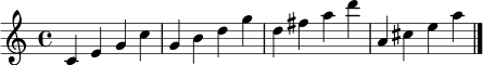 \relative c' { \clef treble \time 4/4 c4 e g c | g b d g | d fis a d | a, cis e a \bar "|." }