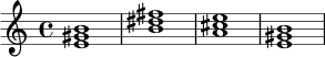 \chordmode {
e1 | b1 | a1 | e1
}