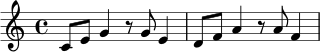 
\relative c' {
  \key c \major
  \time 4/4
  c8 e g4 r8 g e4 | d8 f a4 r8 a f4 |
}
