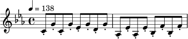 \relative c' {
\key c \minor
\time 4/4
\tempo 4 = 138
c8-. g'-. c,-. g'-. ees-. g-. d-. g-. |
aes,8-. ees'-. aes,-. ees'-. bes-. f'-. bes,-. f'-. |
}