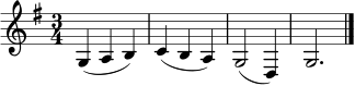 \relative c' {
\clef treble
\time 3/4
\key g \major
g4( a b) | c4( b a) | g2( d4) | g2. \bar "|."
}