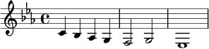 \relative c' {
\key c \minor
\time 4/4
c4 bes aes g |
f2 g2 |
ees1
}