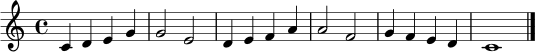 \relative c' { \clef treble \time 4/4 \key c \major c4 d e g | g2 e | d4 e f a | a2 f | g4 f e d | c1 \bar "|." }