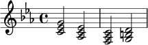 \relative c' {
\key c \minor
\time 4/4
<c ees g>2 <aes c ees>2 |
<f aes c>2 <g b d>2 |
}