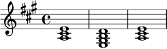 
\relative c' {
  \key a \major
  \time 4/4
  <a cis e>1
  <e gis b d>1
  <a cis e>1
}
