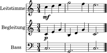 \score {
<<
\new Staff \with { instrumentName = "Leitstimme" midiInstrument = "violin" } \relative c'' {
\time 3/4
c4\mf d e | g2 f4 | e2. \bar "|."
}
\new Staff \with { instrumentName = "Begleitung" midiInstrument = "clarinet" } \relative c' {
\time 3/4
c4\p e g | b, d g | c,2. \bar "|."
}
\new Staff \with { instrumentName = "Bass" midiInstrument = "cello" } \relative c {
\clef bass
\time 3/4
c2. | g | c \bar "|."
}
>>
\layout { }
\midi { \tempo 4 = 72 }
}