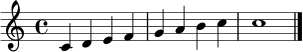 \version "2.24.0"
\header { tagline = ##f }
\score {
\new Staff \relative c' {
\clef treble
\key c \major
\time 4/4
c4 d e f | g a b c | c1 \bar "|."
}
\layout { indent = 0\mm }
\midi { \tempo 4 = 92 }
}