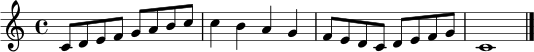 \relative c' {
\clef treble
\time 4/4
c8 d e f g a b c | c4 b a g | f8 e d c d e f g | c,1 | \bar "|."
}