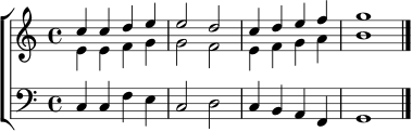 
\header { tagline = ##f }
sop = \relative c'' { c4 c d e | e2 d | c4 d e f | g1 \bar "|." }
alt = \relative c' { e4 e f g | g2 f | e4 f g a | b1 \bar "|." }
bassline = \relative c { c4 c f e | c2 d | c4 b a f | g1 \bar "|." }
\score {
  \new ChoirStaff <<
    \new Staff = "Oberstimmen" <<
      \new Voice = "Sop" { \clef treble \key c \major \time 4/4 \voiceOne \sop }
      \new Voice = "Alt" { \voiceTwo \alt }
    >>
    \new Staff = "Bass" { \clef bass \key c \major \time 4/4 \bassline }
  >>
  \layout { }
  \midi { \tempo 4 = 76 }
}
