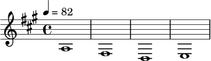 
\relative c' {
\key a \major
\time 4/4
\tempo 4 = 82
a1 | fis1 | d1 | e1 |
}
