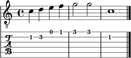 melodie = \relative c' { \time 4/4 \key c \major c4 d e f | g2 g | c,1 \bar "|." }
\score {
<<
\new Staff { \clef "treble_8" \set Staff.midiInstrument = "acoustic guitar (nylon)" \melodie }
\new TabStaff { \melodie }
>>
\layout { }
\midi { }
}