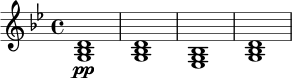 \relative c' {
\key g \minor
\time 4/4
<g bes d>1\pp |
<g bes d>1 |
<ees g bes>1 |
<g bes d>1 |
}