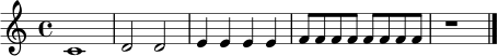 
\language "deutsch"
\relative c' { \clef treble \key c \major \time 4/4 c1 | d2 d | e4 e e e | f8 f f f f f f f | r1 \bar "|." }
