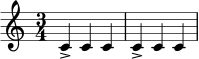 \relative c' {
\time 3/4
c4-> c c |
c4-> c c |
}