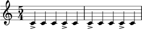 \relative c' {
\time 5/4
c4-> c c c-> c |
c4-> c c c-> c |
}