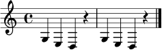 \relative c' { \clef treble \time 4/4 g4 e4 d4 r4 | g4 e4 d4 r4 \bar "|." }
