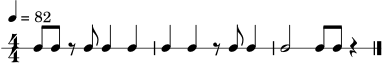 \version "2.22.0"
\header { tagline = "" }
\score {
\new RhythmicStaff {
\numericTimeSignature
\time 4/4
\tempo 4 = 82
c8 c8 r8 c8 c4 c4 | c4 c4 r8 c8 c4 | c2 c8 c8 r4 \bar "|."
}
\layout { }
\midi { }
}