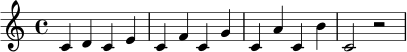 {
\clef treble
\key c \major
\time 4/4
c'4 d' c' e' | c'4 f' c' g' | c'4 a' c' b' | c'2 r2
}