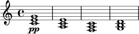 \relative c' {
\time 4/4
\key c \major
<c e g>1\pp |
<a c e>1 |
<f a c>1 |
<g b d>1 |
}