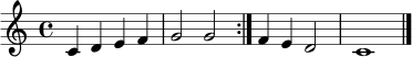 \relative c' {
\clef treble
\time 4/4
\repeat volta 2 { c4 d e f | g2 g }
f4 e d2 | c1 \bar "|."
}