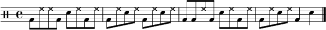 \version "2.22.0"
\score {
\new DrumStaff \drummode {
\time 4/4
bd8 hh hh bd sn hh bd hh | bd8 hh sn hh bd hh sn hh | bd8 bd hh bd sn hh bd hh | bd8 hh sn hh bd4 sn4 \bar "|."
}
\layout { }
\midi { }
}