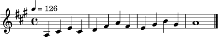 \relative c' {
\key a \major
\time 4/4
\tempo 4 = 126
a4 cis e cis |
d4 fis a fis |
e4 gis b gis |
a1 \bar "|."
}