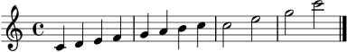 \version "2.22.0"
\language "deutsch"
\header { tagline = "" }
\score {
\new Staff \relative c' {
\clef treble
\key c \major
\time 4/4
c4 d e f
g a h c
c2 e
g c
\bar "|."
}
\layout { }
\midi { \tempo 4 = 76 }
}