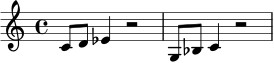 \relative c' {
\time 4/4
c8 d ees4 r2 | g,8 bes c4 r2
}