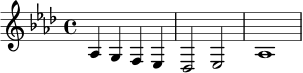 
\relative c' {
  \key aes \major
  \time 4/4
  aes4 g f ees | des2 ees | aes1
}
