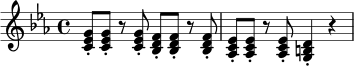 \relative c' {
\key c \minor
\time 4/4
<c ees g>8-. <c ees g>-. r8 <c ees g>-. <bes d f>-. <bes d f>-. r8 <bes d f>-. |
<aes c ees>8-. <aes c ees>-. r8 <aes c ees>-. <g b d>4-. r4 |
}
