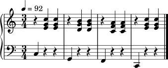 \version "2.22.0"
\header { tagline = ##f }
\score {
\new PianoStaff <<
\new Staff = "RH" \relative c' {
\clef treble
\key c \major
\time 3/4
\tempo 4 = 92
r4 <e g c> <e g c> |
r4 <d g b> <d g b> |
r4 <c f a> <c f a> |
r4 <e g c> <e g c>
\bar "|."
}
\new Staff = "LH" \relative c {
\clef bass
\key c \major
\time 3/4
c4 r r |
g4 r r |
f4 r r |
c4 r r
\bar "|."
}
>>
\layout { }
\midi { }
}