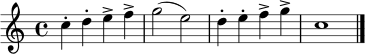 \relative c'' {
\clef treble
\key c \major
\time 4/4
\set Staff.midiInstrument = "clarinet"
c4-. d-. e-> f-> | g2( e) | d4-. e-. f-> g-> | c,1 \bar "|."
}