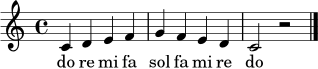 \relative c' {
\key c \major
\time 4/4
c4 d e f | g f e d | c2 r2 \bar "|."
}
\addlyrics { do re mi fa sol fa mi re do }