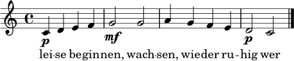 \relative c' {
\time 4/4
c4\p d e f | g2\mf g | a4 g f e | d2\p c \bar "|."
}
\addlyrics { lei -- se be -- gin -- nen, wach -- sen, wie -- der ru -- hig wer -- den. }
