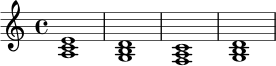 \relative c' {
\key a \minor
\time 4/4
<a c e>1
<g b d>1
<f a c>1
<g b d>1
}