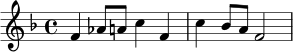 \relative c' {
\key f \major
\time 4/4
f4 aes8 a c4 f, |
c'4 bes8 a f2 |
}