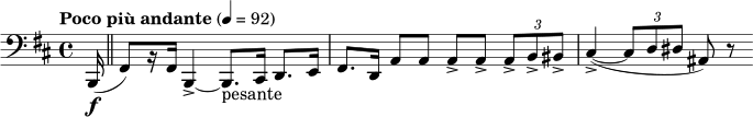  \relative c { \clef bass \time 4/4 \set Staff.midiInstrument = #"bassoon"  \tempo "Poco più andante" 4=92 \key b \minor \partial 16*1 b,16\f( \bar "||" fis'8)[ r16 fis] b,4->~ b8._"pesante" cis16 d8. e16 | fis8. d16 a'8 a a-> a-> \times 2/3 { a-> b-> bis-> } | cis4->~( \times 2/3 { cis8 d dis } ais) r } 