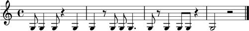 
\version "2.24.0"
\relative c' {
  \time 4/4
  g8 g4 g8 r4 g4 |
  g4 r8 g8 g8 g4. |
  g8 r8 g4 g8 g8 r4 |
  g2 r2 \bar "|."
}
