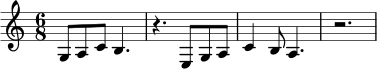 \relative c' {
\time 6/8
g8 a c b4. |
r4. e,8 g a |
c4 b8 a4. |
r2.
}