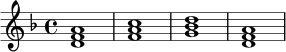 \relative c' {
\key d \minor
\time 4/4
<d f a>1 |
<f a c>1 |
<g bes d>1 |
<d f a>1 |
}