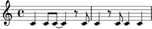 
\relative c' {
  \time 4/4
  c4 c8 c~ c4 r8 c |
  c4 r8 c c4 c |
}
