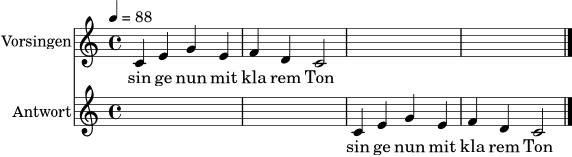 \version "2.24.1"
lead = \relative c' {
\clef treble
\time 4/4
\tempo 4 = 88
c4 e g e | f d c2 | s1 | s1 \bar "|."
}
response = \relative c' {
\clef treble
\time 4/4
s1 | s1 | c4 e g e | f d c2 \bar "|."
}
words = \lyricmode { sin ge nun mit kla rem Ton }
\score {
<<
\new Staff \with { instrumentName = "Vorsingen" } <<
\new Voice = "leadvoice" { \lead }
\new Lyrics \lyricsto "leadvoice" { \words }
>>
\new Staff \with { instrumentName = "Antwort" } <<
\new Voice = "responsevoice" { \response }
\new Lyrics \lyricsto "responsevoice" { \words }
>>
>>
\layout { }
\midi { }
}
