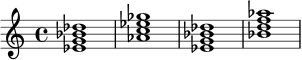 \chordmode {
\time 4/4
ees1:7 |
aes1:7 |
ees1:7 |
bes1:7 |
}