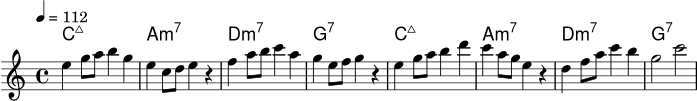 \version "2.20.0"
\score {
<<
\new ChordNames {
\chordmode { c1:maj7 a1:m7 d1:m7 g1:7 c1:maj7 a1:m7 d1:m7 g1:7 }
}
\new Staff \relative c'' {
\set Staff.midiInstrument = "vibraphone"
\clef treble
\key c \major
\time 4/4
\tempo 4 = 112
e4 g8 a b4 g |
e4 c8 d e4 r |
f4 a8 b c4 a |
g4 e8 f g4 r |
e4 g8 a b4 d |
c4 a8 g e4 r |
d4 f8 a c4 b |
g2 c2 |
}
>>
\layout { }
\midi { }
}