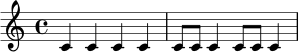 
\drummode {
  \time 4/4
  bd4 sn4 bd4 sn4 |
  bd8 bd sn4 bd8 bd sn4 |
}

